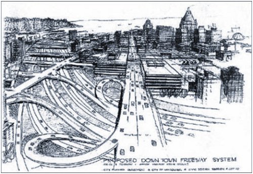 Elevated and sunken freeways carve up the city in this 1960s proposal.